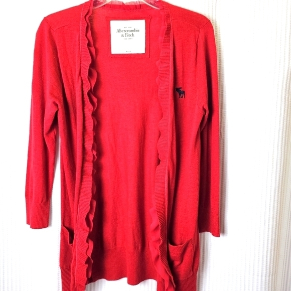 Abercrombie & Fitch Red Ruffle Frill Cardigan Size Large Pockets - Picture 1 of 6